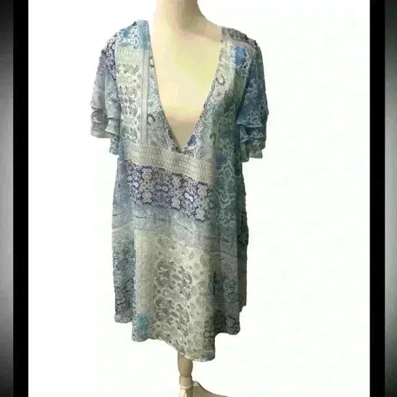 Show Me Your MuMu Blue Printed V Neck Dress Short Sleeve - Picture 1 of 6
